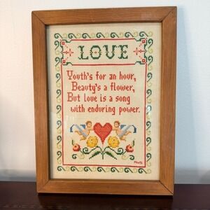 Handmade Vintage Love Poem Cross Stitch Wood Framed Art Size 10x13.5 Cottagecore